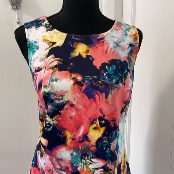 Worthington Womens Vibrant Colorful Flower Sheath Zip Back Sleeveless Dress Sz S - Picture 2 of 9